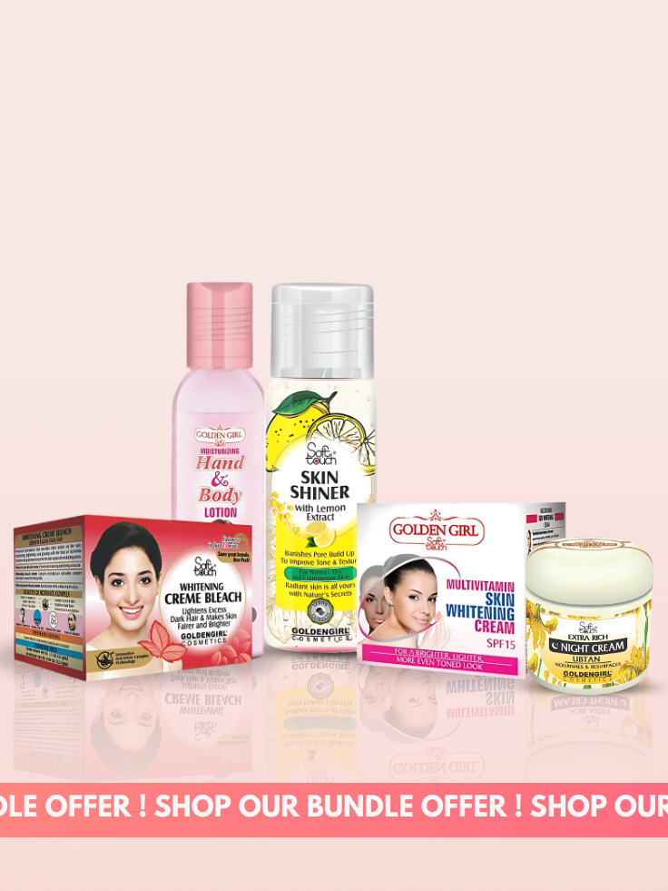 Collection of Golden Girl skincare products on a pink background with promotional text.