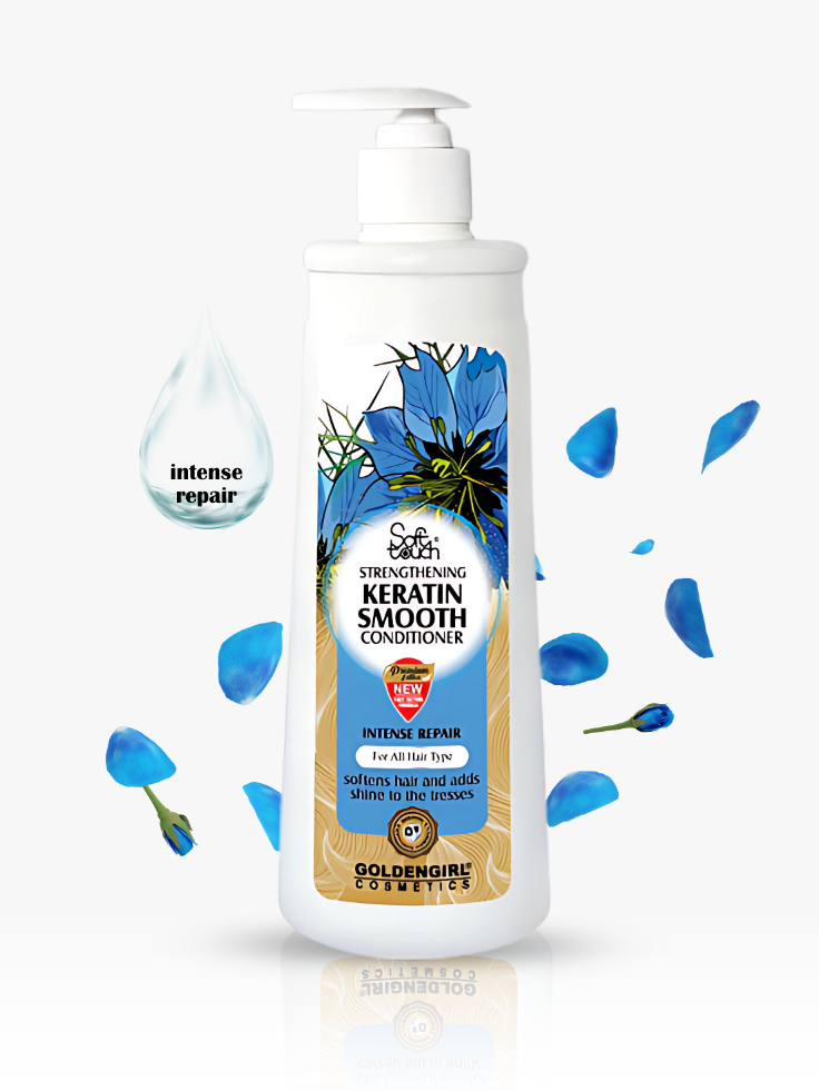 Bottle of Golden Girl Keratin Smooth Conditioner with blue flower petals on a white background