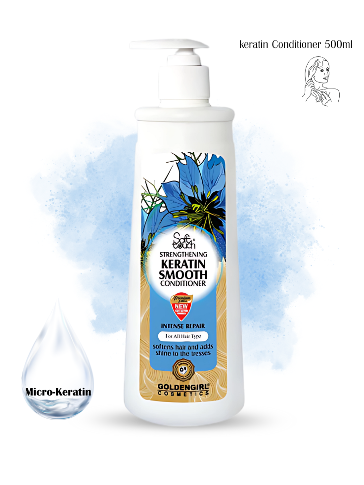 Keratin smooth conditioner bottle with blue flower design on a white background