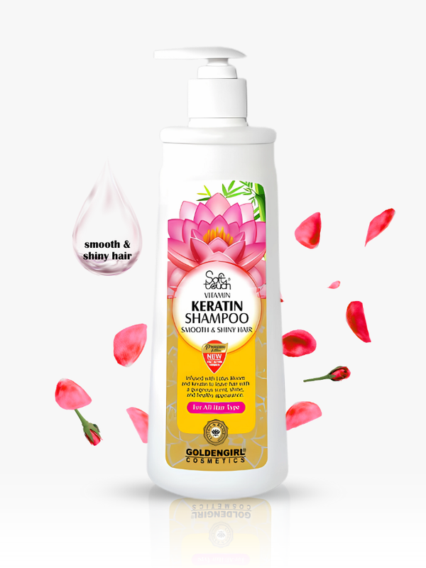 Shampoo bottle with floral design and product text on a white background