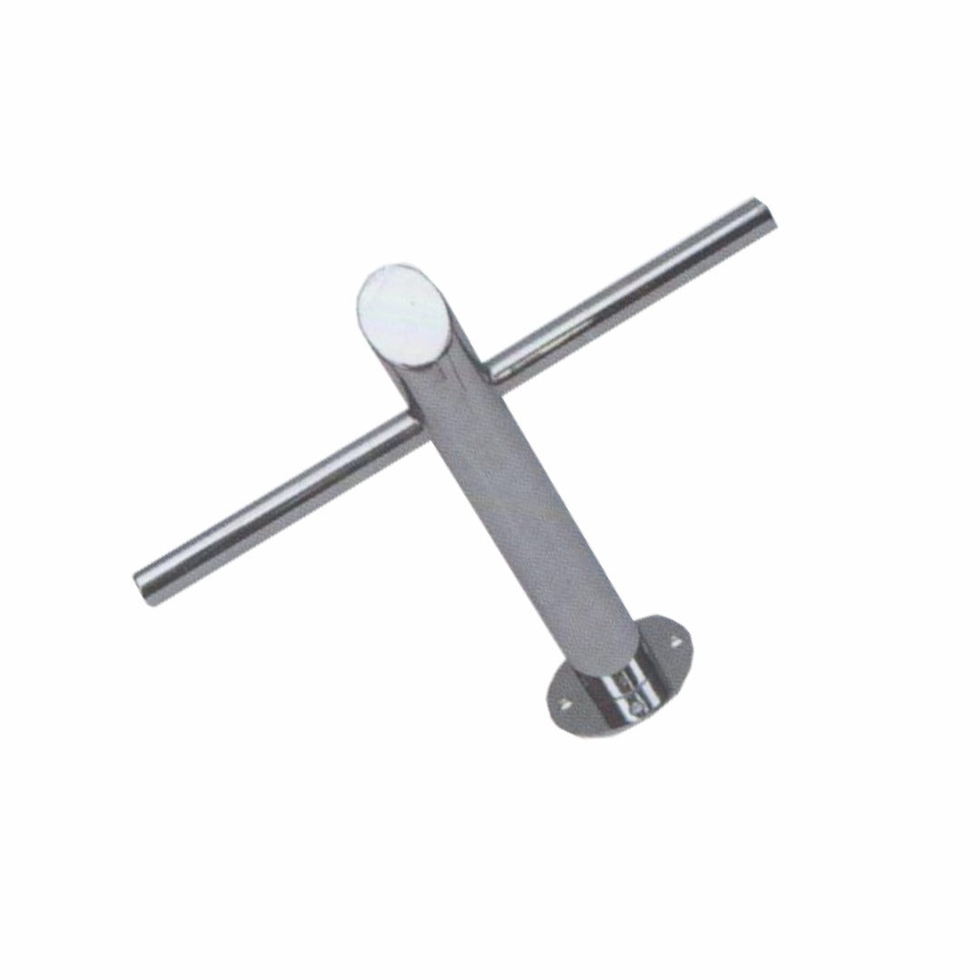 A metal footrest accessory for a salon chair, featuring a horizontal bar with a central mounting point and adjustable height mechanism.