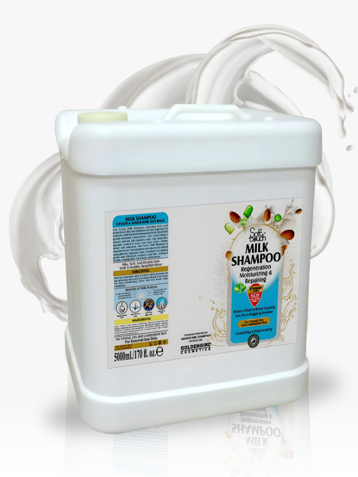 Large container of milk shampoo with visible label on a white background