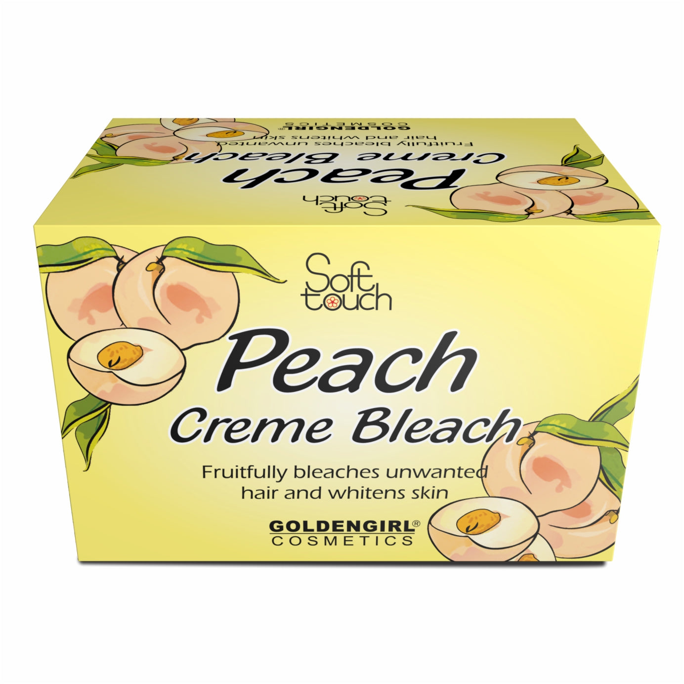 Golden Girl Peach Creme Bleach makes unwanted hair on face, arms and legs invisible in minutes. The vitamin C rich peach is known worldwide as the "Queen of fruit" because of its distinctive flavor and delicate fragrance. It is nature's richest source of antioxidant, vitamin A and phytochemicals that are important to healthy skin. Peach Creme Bleach effectively bleaches excess dark hair while the phytochemicals whiten your skin.