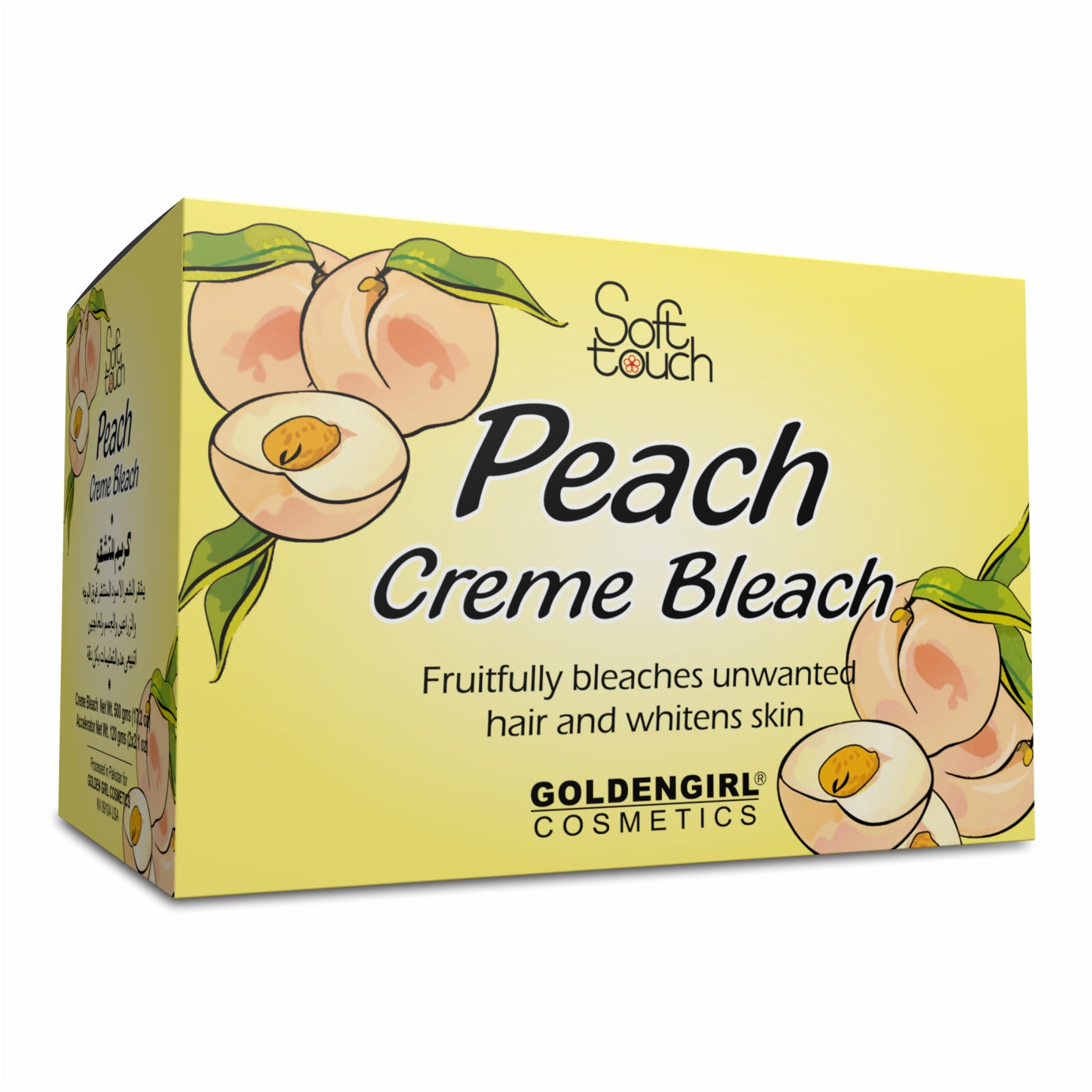 Golden Girl Peach Creme Bleach makes unwanted hair on face, arms and legs invisible in minutes. The vitamin C rich peach is known worldwide as the "Queen of fruit" because of its distinctive flavor and delicate fragrance. It is nature's richest source of antioxidant, vitamin A and phytochemicals that are important to healthy skin. Peach Creme Bleach effectively bleaches excess dark hair while the phytochemicals whiten your skin.