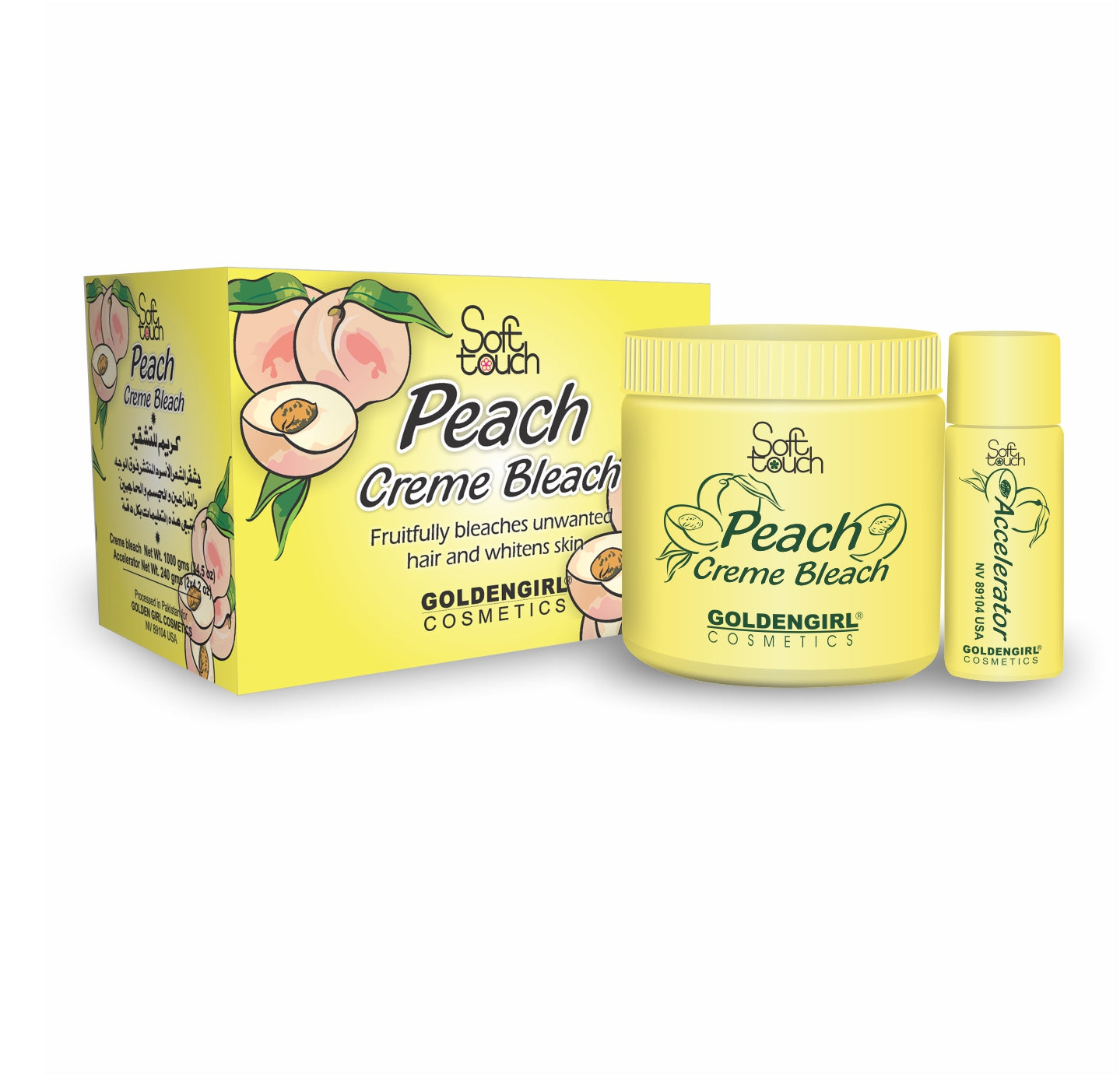 Golden Girl Peach Creme Bleach makes unwanted hair on face, arms and legs invisible in minutes. The vitamin C rich peach is known worldwide as the "Queen of fruit" because of its distinctive flavor and delicate fragrance. It is nature's richest source of antioxidant, vitamin A and phytochemicals that are important to healthy skin. Peach Creme Bleach effectively bleaches excess dark hair while the phytochemicals whiten your skin.