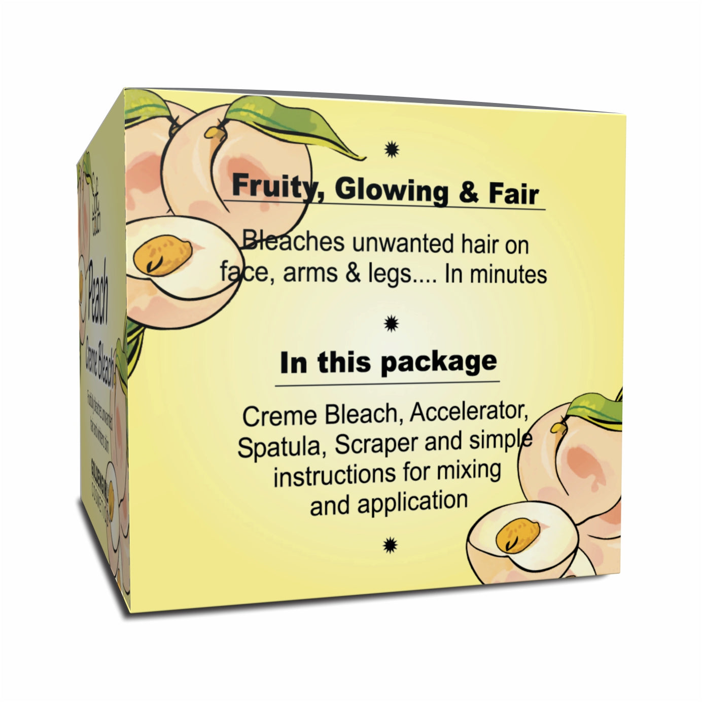 Golden Girl Peach Creme Bleach makes unwanted hair on face, arms and legs invisible in minutes. The vitamin C rich peach is known worldwide as the "Queen of fruit" because of its distinctive flavor and delicate fragrance. It is nature's richest source of antioxidant, vitamin A and phytochemicals that are important to healthy skin. Peach Creme Bleach effectively bleaches excess dark hair while the phytochemicals whiten your skin.